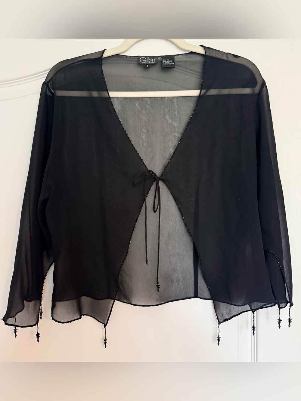 Vintage Gilar 100% Silk Sheer Beaded Tie Front Evening Jacket Cover-Up Shrug
